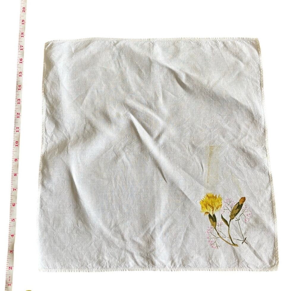 Vintage 1950s Floral Handkerchief White Cotton Yellow Flower Hanky AS IS 16x16